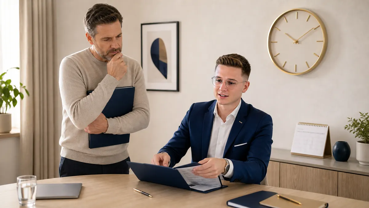 Aufgeschobene Versicherungsentscheidung mit Uhr und Edgard als Begleiter